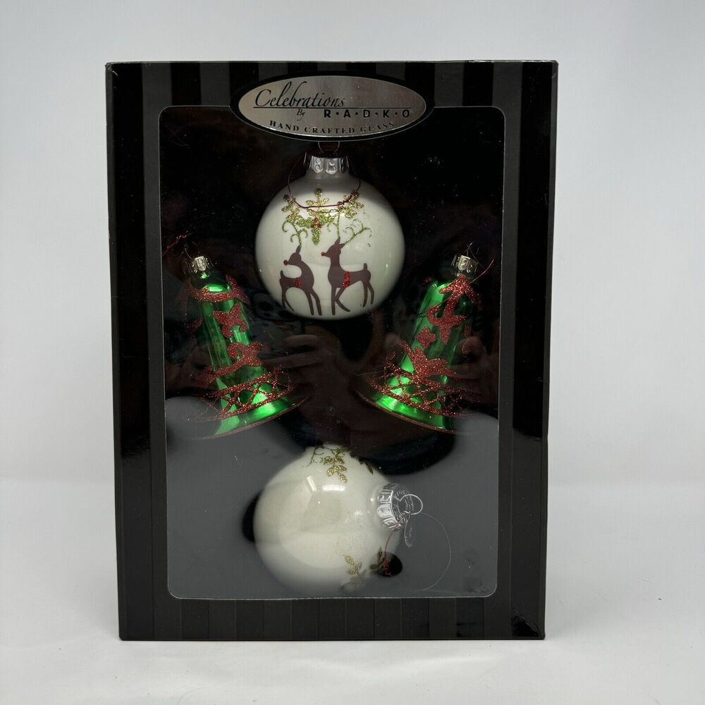 Christopher Radko Celebrations Christmas Tree Ornaments Box of 4 Bell Reindeer